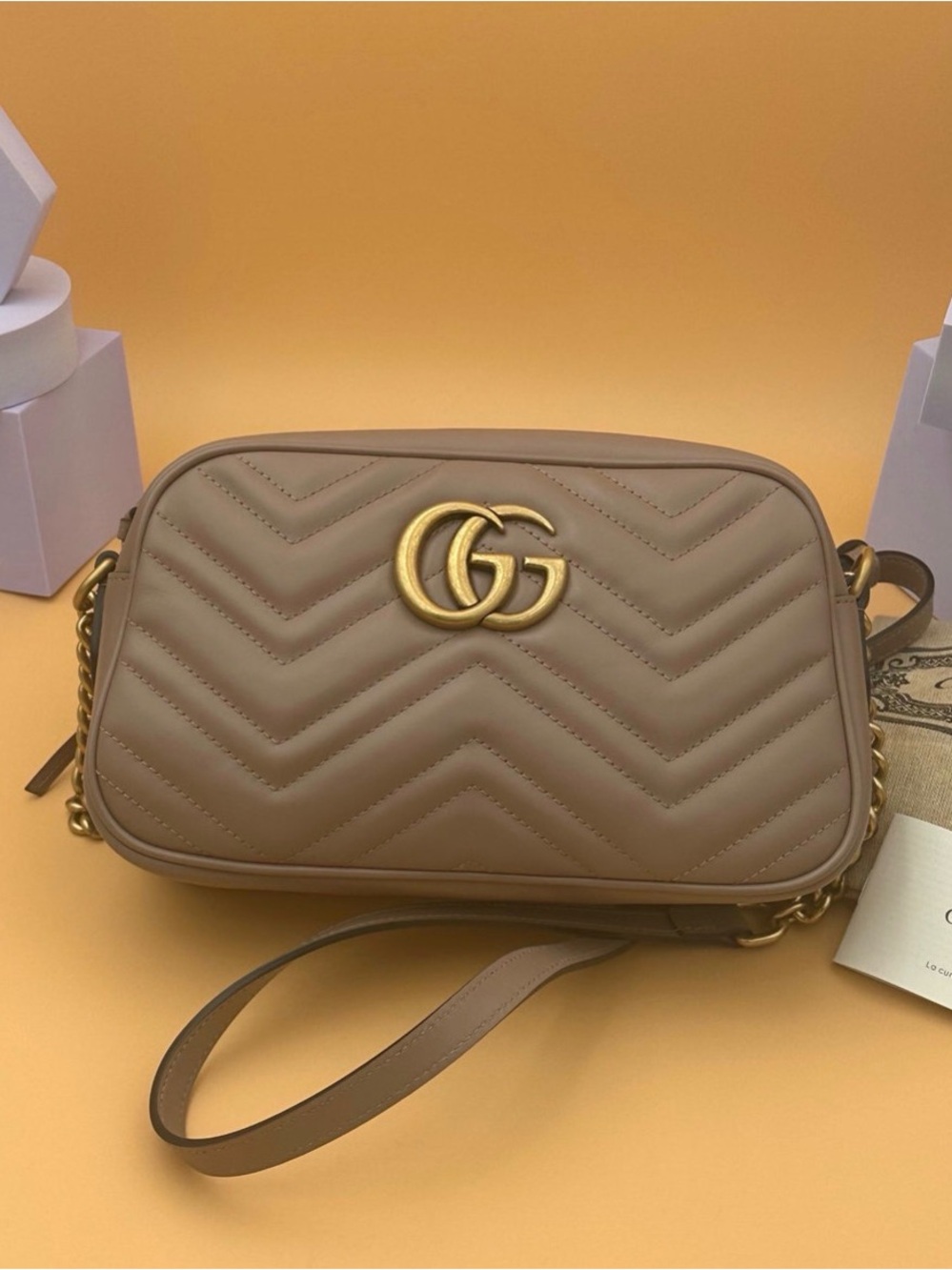 Brand New Gucci Chevron Matelassé Crossbody Bag in Taupe with Gold GG